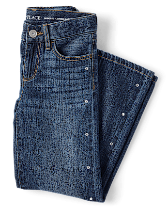 Girls Studded Wide Leg Jeans