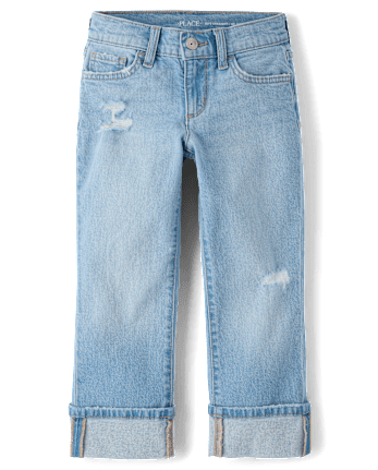 Girls Ripped Roll Cuff 90s Straight Jeans