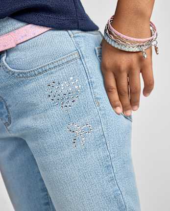 Girls Rhinestone Heart Flare Jeans