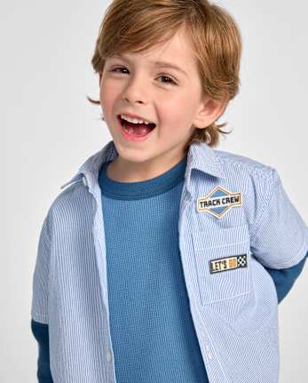 Baby And Toddler Boys Embroidered Racecar Patch Poplin Button Up Shirt