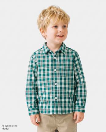 Baby And Toddler Boys Plaid Textured Poplin Button Up Shirt - JADED TEAL CL
