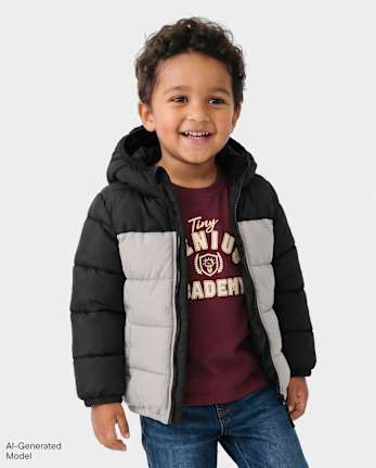 Toddler Boys Colorblock Hooded Puffer Jacket - BLACK