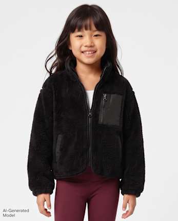 Girls Sherpa Zip Up Jacket - BLACK