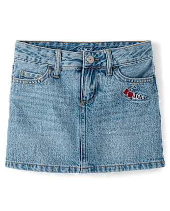 Girls Embroidered Patch Denim Skort