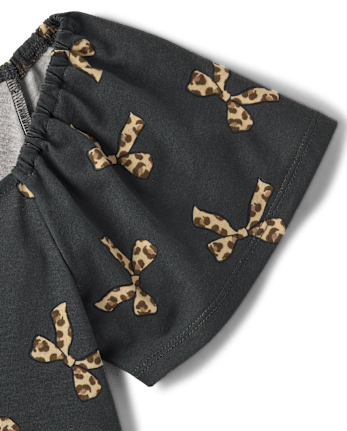 Girls Leopard Bow Tiered Flutter Dress