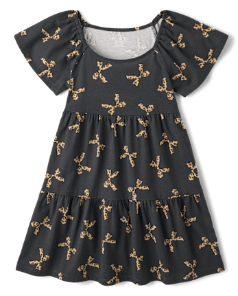 Girls Leopard Bow Tiered Flutter Dress