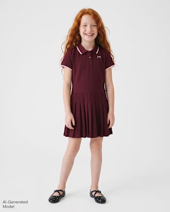 Girls Embroidered Icon Drop Waist Polo Dress - BITTERSWEET