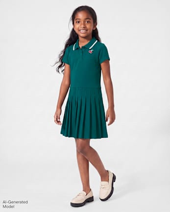 Girls Embroidered Icon Drop Waist Polo Dress - JADED TEAL CL