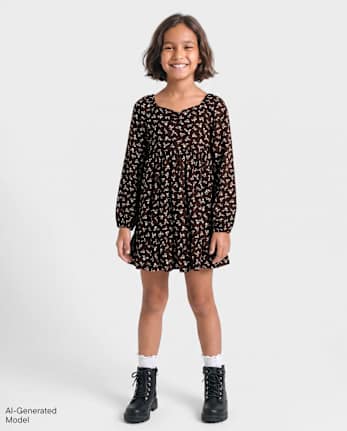 Girls Floral Ruffle Dress - FUDGE