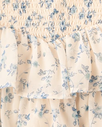 Girls Floral Chiffon Smocked Tiered Skort