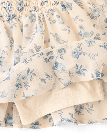 Girls Floral Chiffon Smocked Tiered Skort