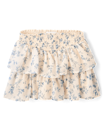 Girls Floral Chiffon Smocked Tiered Skort