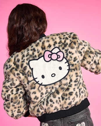 Girls Hello KittyÂ® Leopard Embroidered Faux Fur Bomber Jacket - SEA SHELL