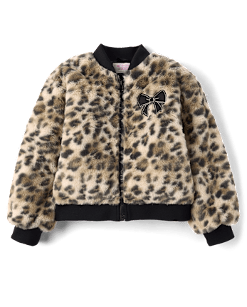Girls Hello KittyÂ® Leopard Embroidered Faux Fur Bomber Jacket - SEA SHELL