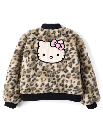 Girls Hello KittyÂ® Leopard Embroidered Faux Fur Bomber Jacket - SEA SHELL
