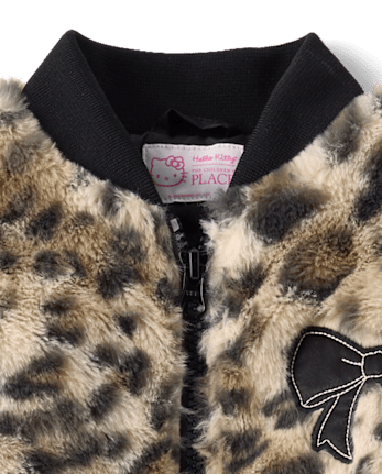 Girls Hello KittyÂ® Leopard Embroidered Faux Fur Bomber Jacket - SEA SHELL