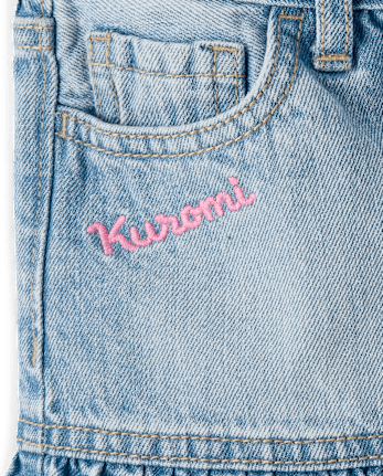 Girls Kuromi Embroidered Denim Ruffle Skort