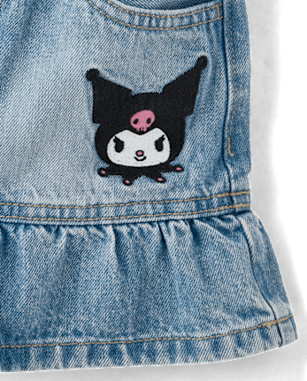Girls Kuromi Embroidered Denim Ruffle Skort