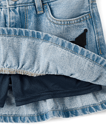 Girls Kuromi Embroidered Denim Ruffle Skort