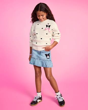 Jupe-short à volants en jean brodé Kuromi™ pour filles - MYLAH WASH