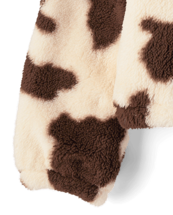 Girls Cow Print Sherpa Zip Up Jacket