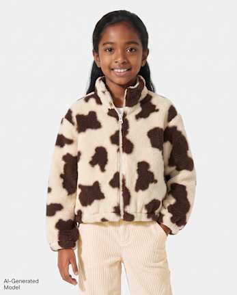 Girls Cow Print Sherpa Zip Up Jacket - FRAPPE