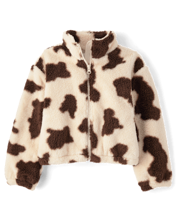 Girls Cow Print Sherpa Zip Up Jacket