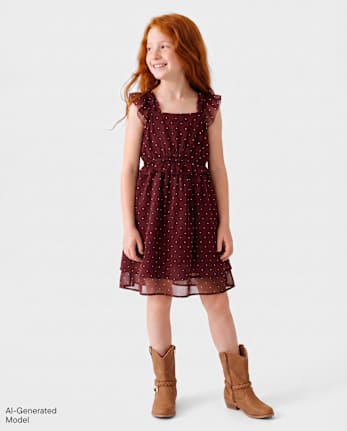 Girls Polka Dot Chiffon Flutter Dress - BITTERSWEET