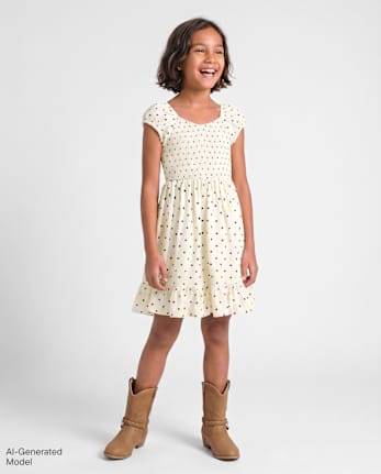 Robe à volants smockés imprimée pour filles - MARSHMALLOW
