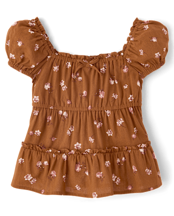 Girls Floral Textured Puff Sleeve Top