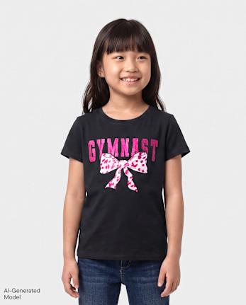 Girls Gymnast Bow Graphic Tee - BLACK