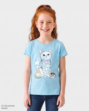 T-shirt graphique chat pour filles - BLUE AIR