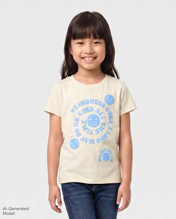 Girls Kindness Happy Face Graphic Tee - FAIR IVORY 1