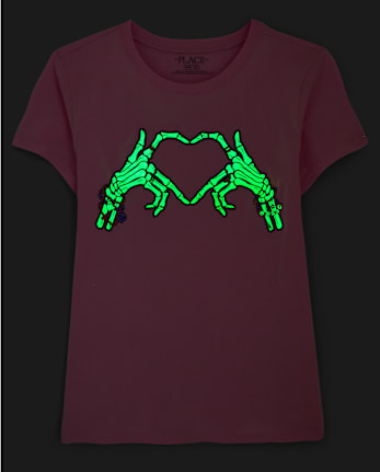 Girls Glow Halloween Skeleton Heart Graphic Tee