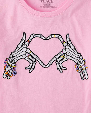 Girls Glow Halloween Skeleton Heart Graphic Tee