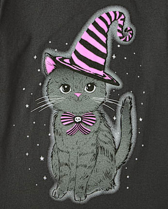 Girls Glow Halloween Cat Graphic Tee