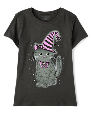 Girls Glow Halloween Cat Graphic Tee