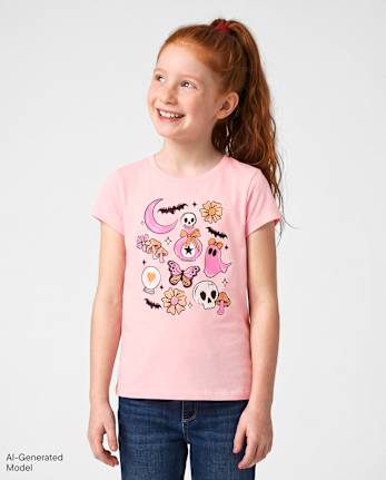 Girls Halloween Doodle Graphic Tee - PINK SEA SALT