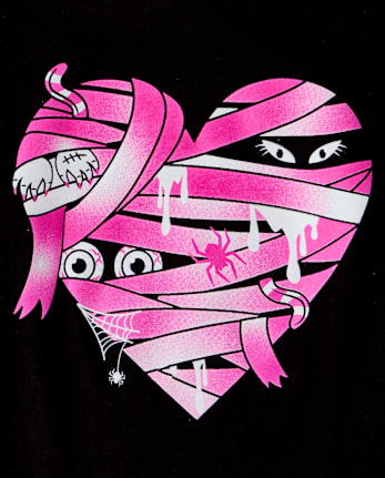 Girls Glow Halloween Mummy Heart Graphic Tee