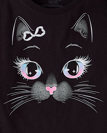 Girls Glow Halloween Cat Face Graphic Tee