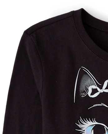 Girls Glow Halloween Cat Face Graphic Tee