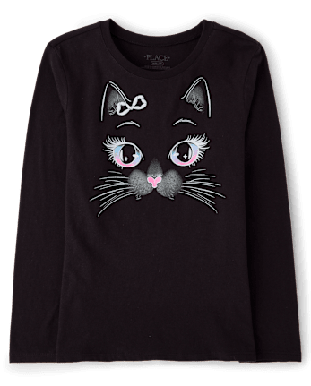 Girls Glow Halloween Cat Face Graphic Tee
