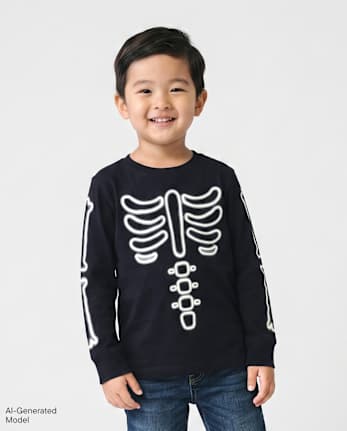 Baby And Toddler Boys Glow Halloween Skeleton Graphic Tee - BLACK