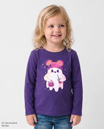 T-shirt graphique fantôme d'Halloween pour bébés et petites filles - PURPLE PREP
