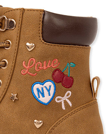 Girls Embroidered Patch Workwear Boots