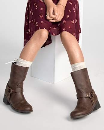 Girls Low Heel Moto Boots - DK BROWN