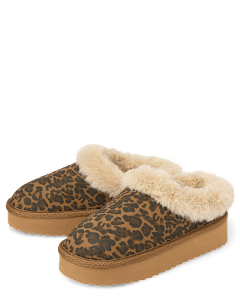 Girls Leopard Teddy Slip Ons