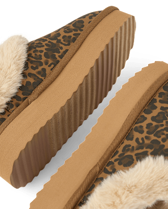 Girls Leopard Teddy Slip Ons