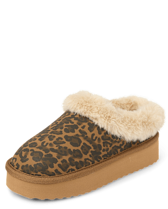 Girls Leopard Teddy Slip Ons