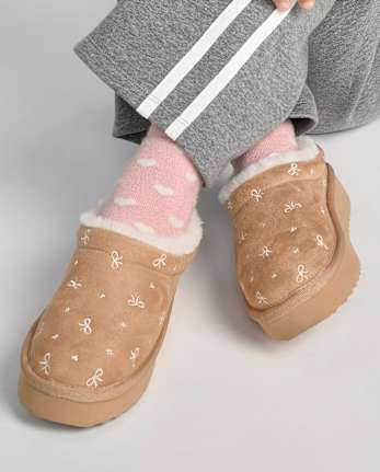 Girls Embroidered Bow Teddy Slip Ons